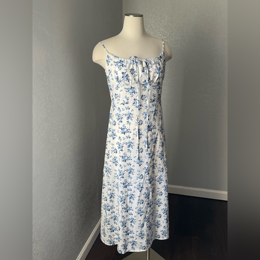 SHEIN White Midi Dress with Blue Floral Print